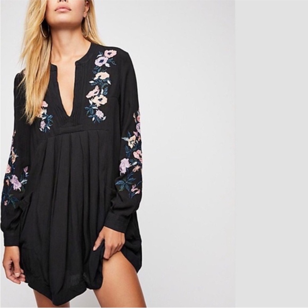 Free People Mia Black Long Sleeve Dress With Floral Embroidery Sz Xs